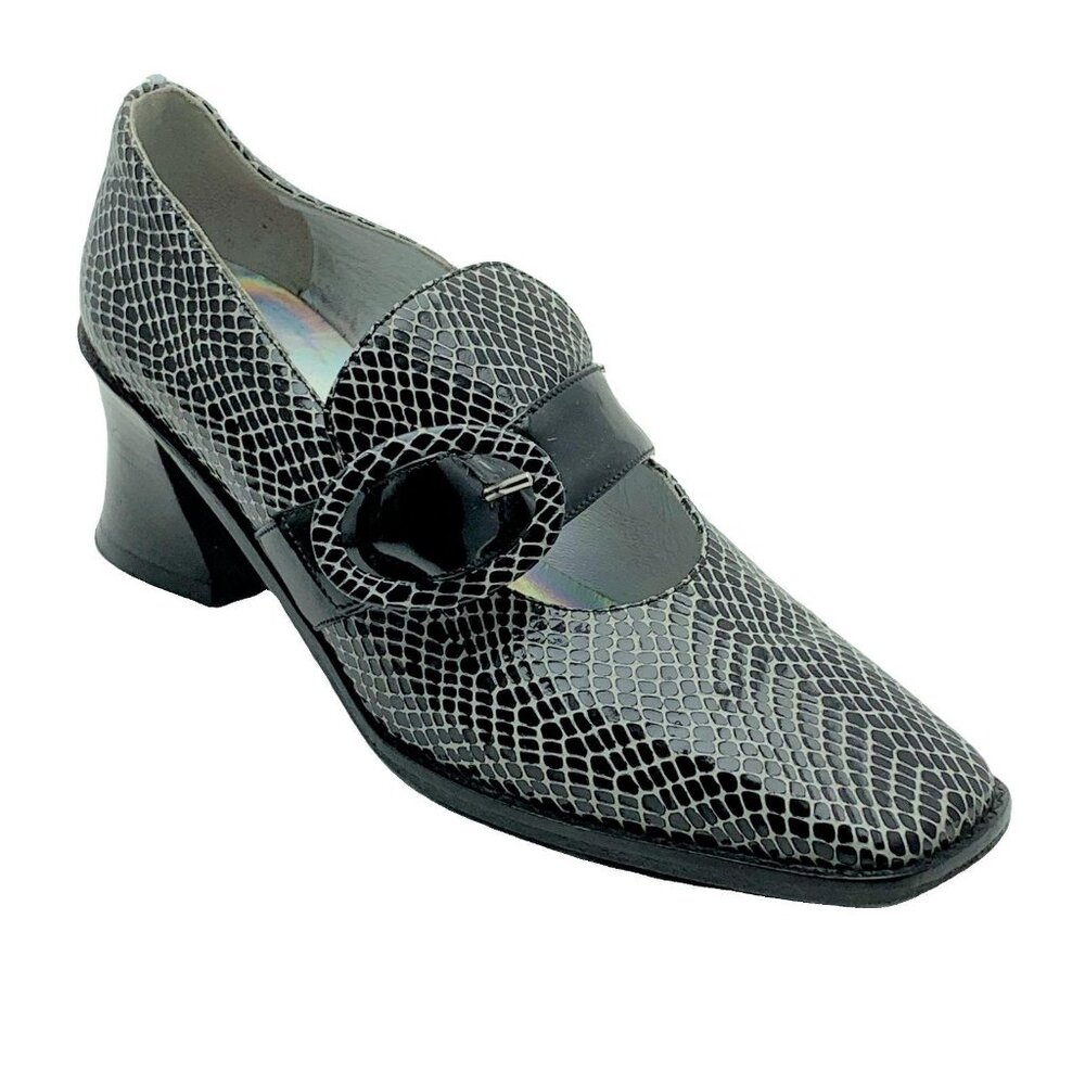 DENNIS COMEAU Vintage Black Snake Print Heeled Loafers With Buckle Detail Size 7
